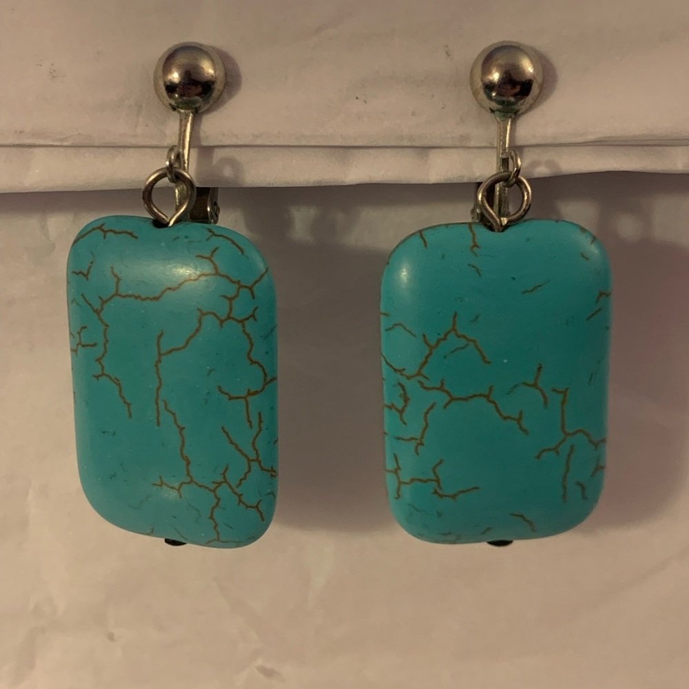 Faux Turquoise Dangle Clip On Earrings